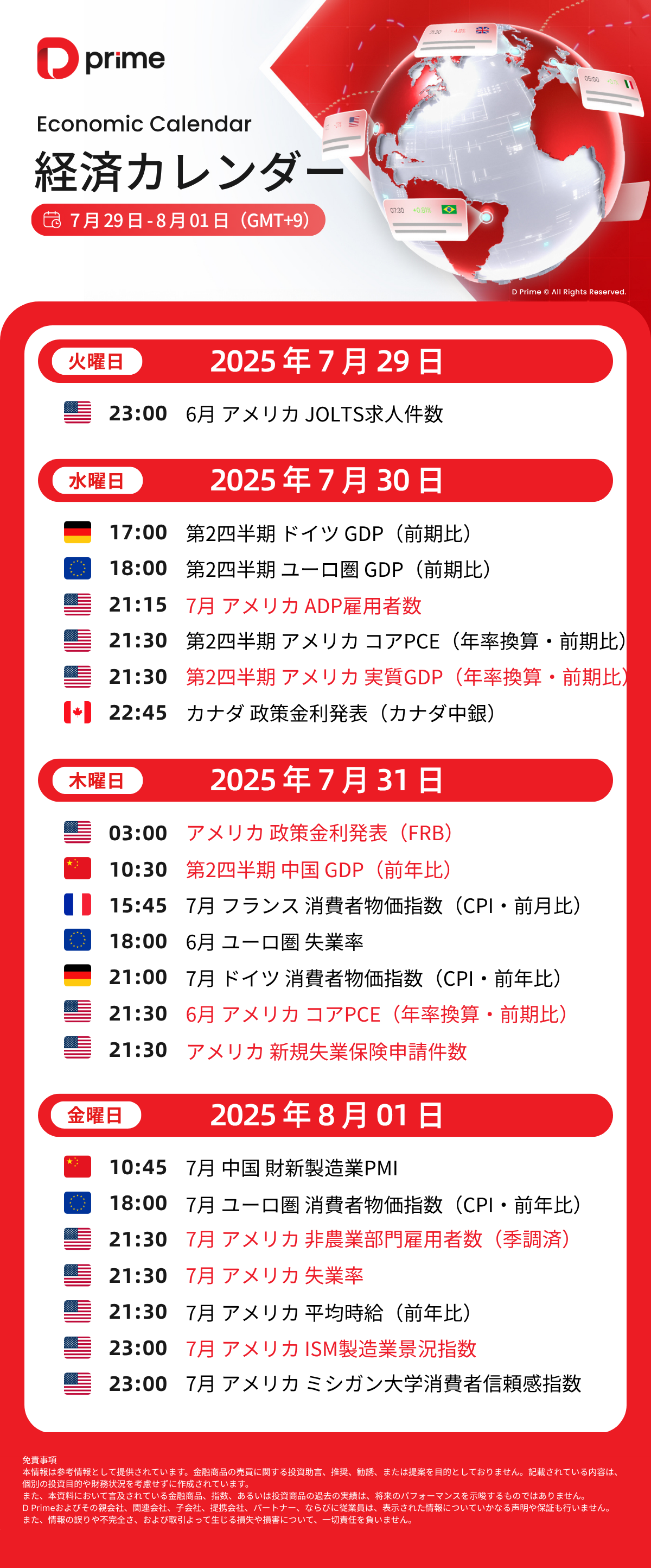 経済カレンダー | 7月29日 – 8月01日（GMT+9）